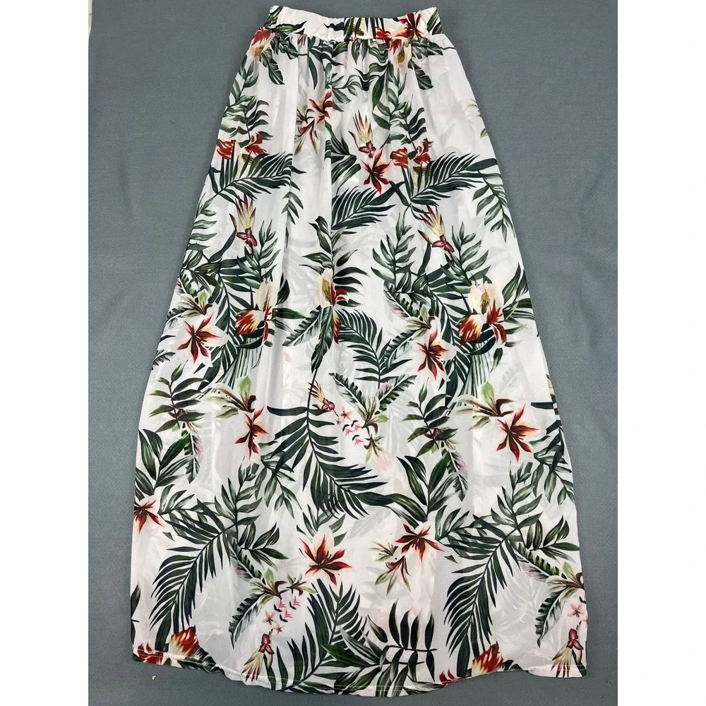 Tropical Floral Maxi Skirt Swim Bottom & Cover Up Boho‎ Beach Vacation White XS